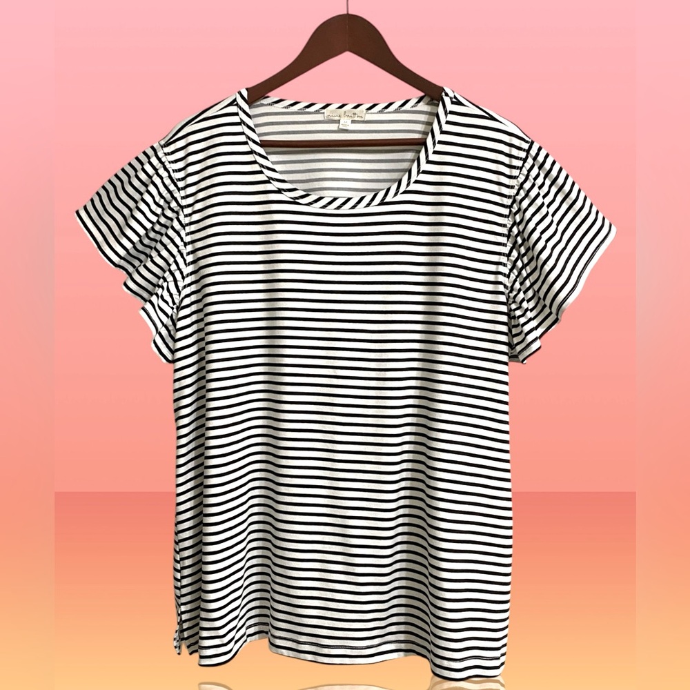Nine Britton Black & White Striped Short Sleeve Elevated Tee Flutter Sleeves 1X